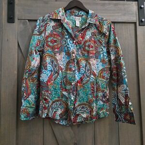Chico's Paisley Button Down Shirt Womens Size 2 Blue Red Cotton Boho